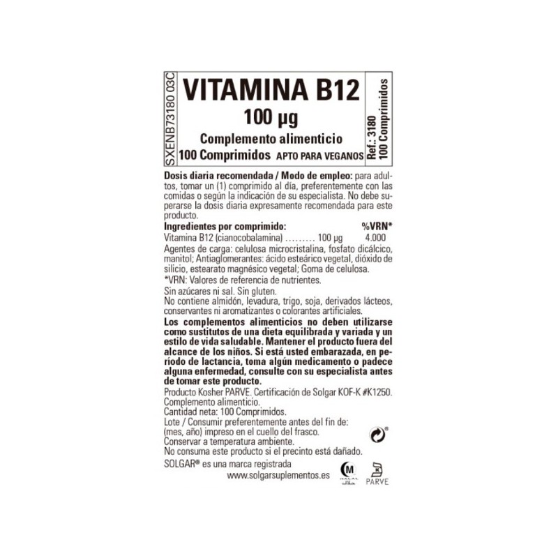 Vitamina B12 100μg - 100 Comprimidos Solgar