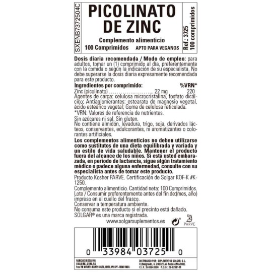 Picolinato de Zinc Solgar 100 Tablets