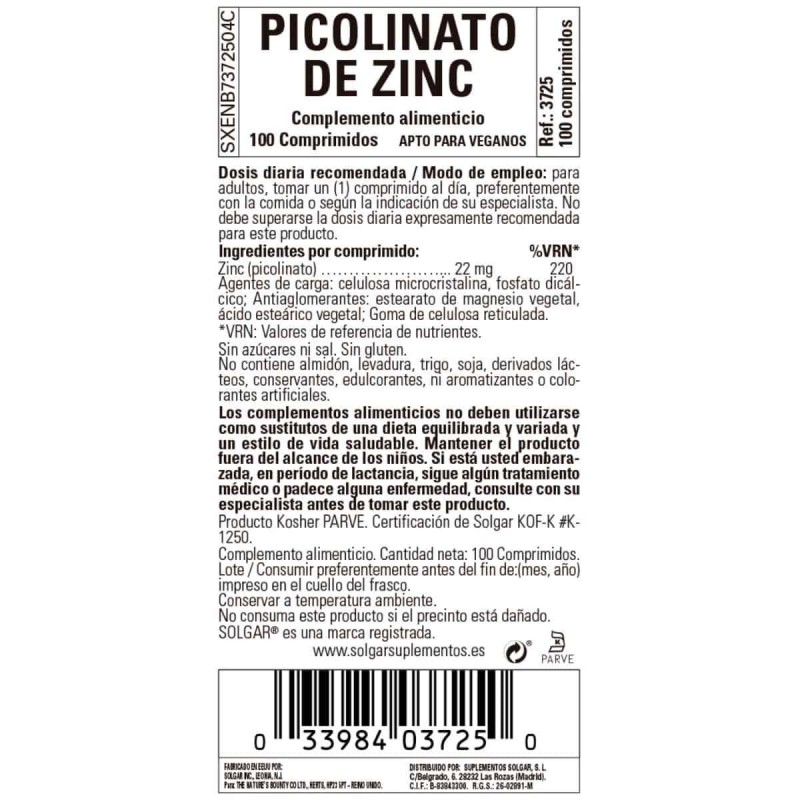 Picolinato de Zinc Solgar 100 Tablets