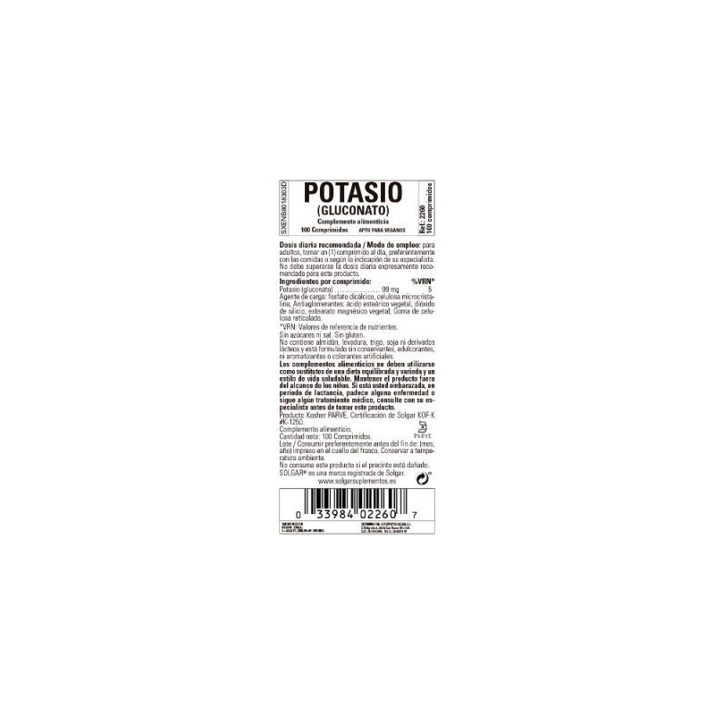 Potasio 100 Tabletas Solgar