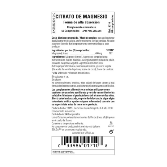 Citrato de Magnesio 60 Comprimidos SOLGAR