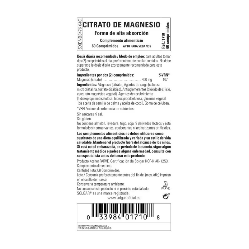 Citrato de Magnesio 60 Comprimidos SOLGAR