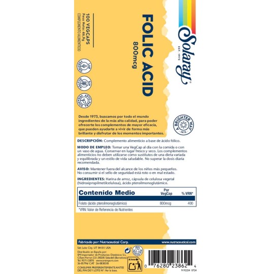 FOLIC ACID 800 mcg SOLARAY 100 VEG CAPS