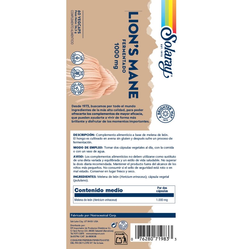 LION´S MANE 100 mg SOLARAY 60 ORGANIC CAPS