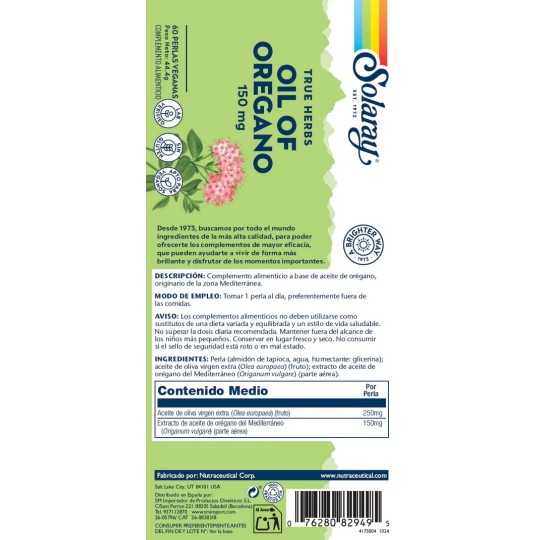 OIL OF OREGANO 150 mg  SOLARAY 60 PERLAS