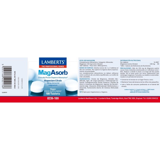 MagAsorb Citrato Magnesio 180 Tabletas Lamberts