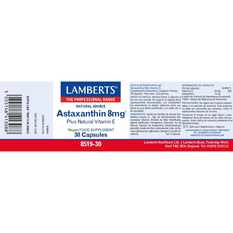 ASTAXANTHIN 8 mg LAMBERTS 60 CAPSULES